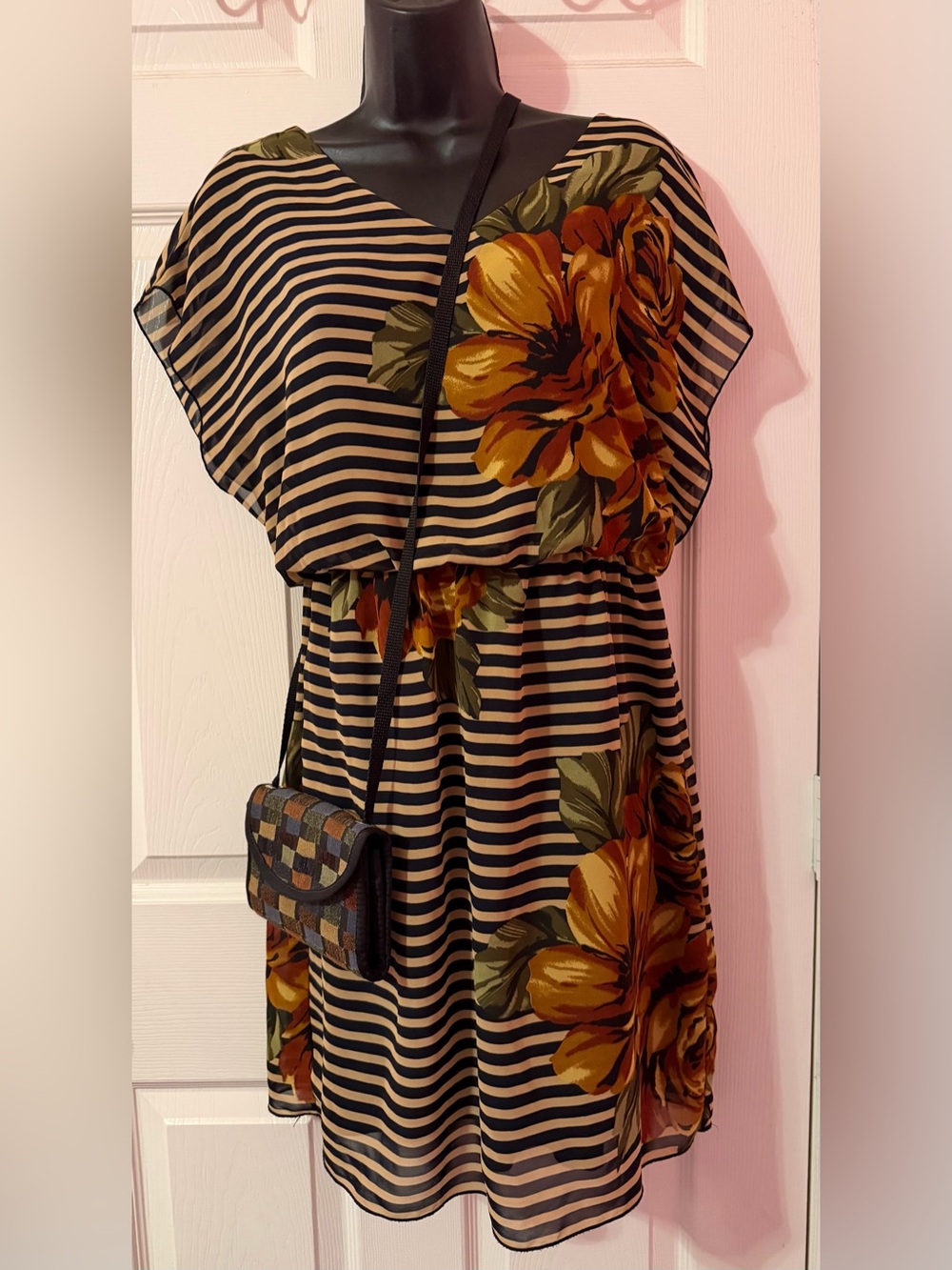 Enfocus Studio Navy Striped Dress with Mustard Floral Accents